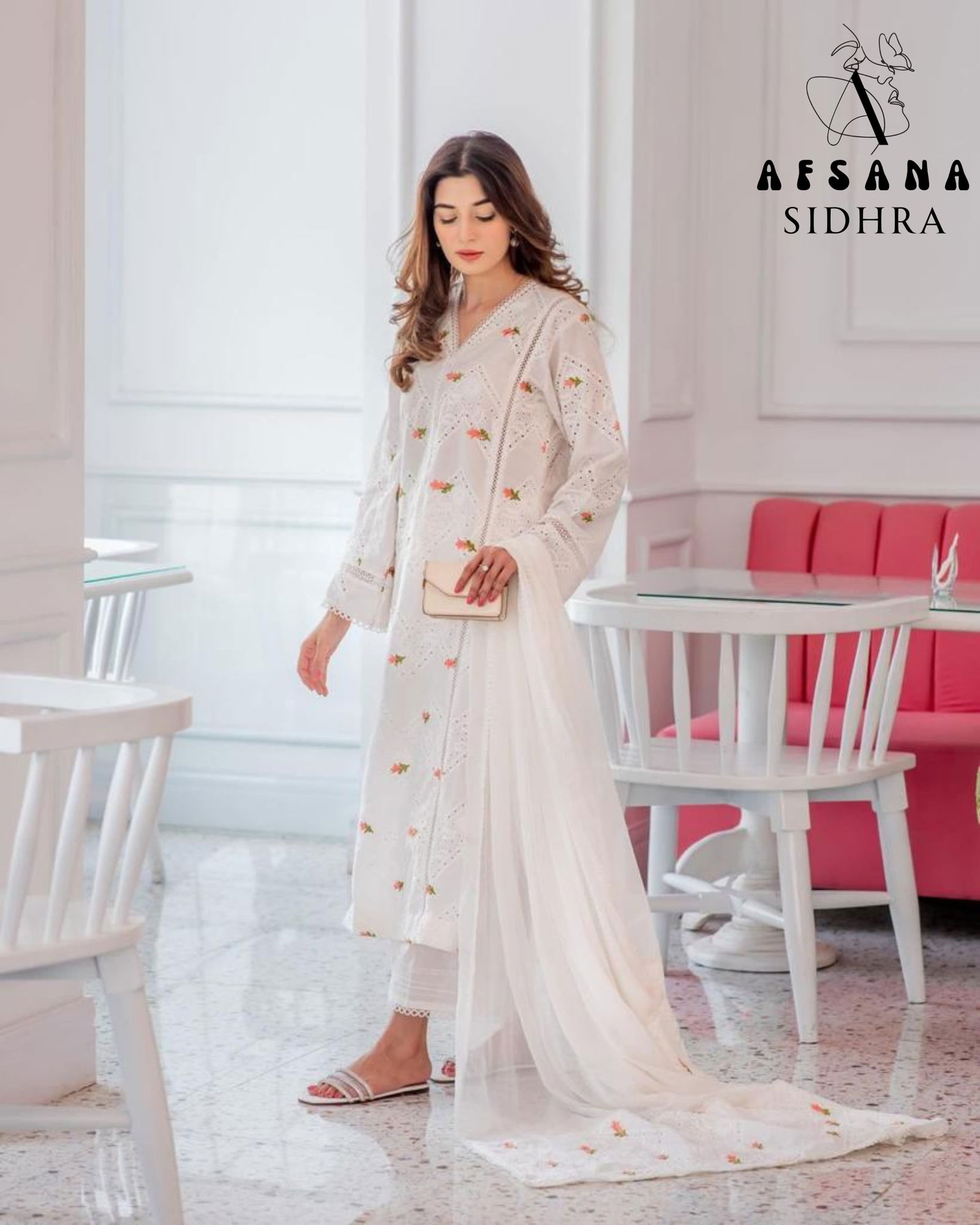 Sidhra By Afsana White Chickan Embroidery Cotton Kurti With Bottom Dupatta Wholesalers In Delhi